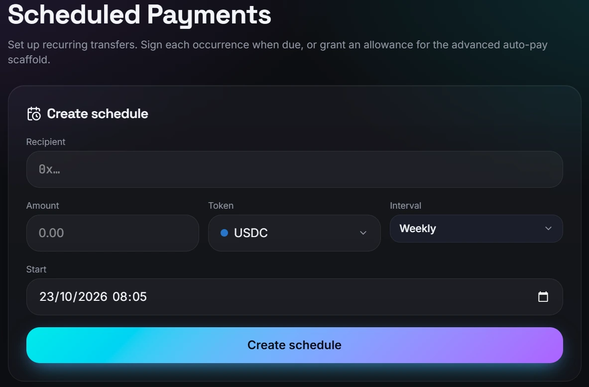 Actual InfinitePay Create schedule form with recipient, amount, interval and start date