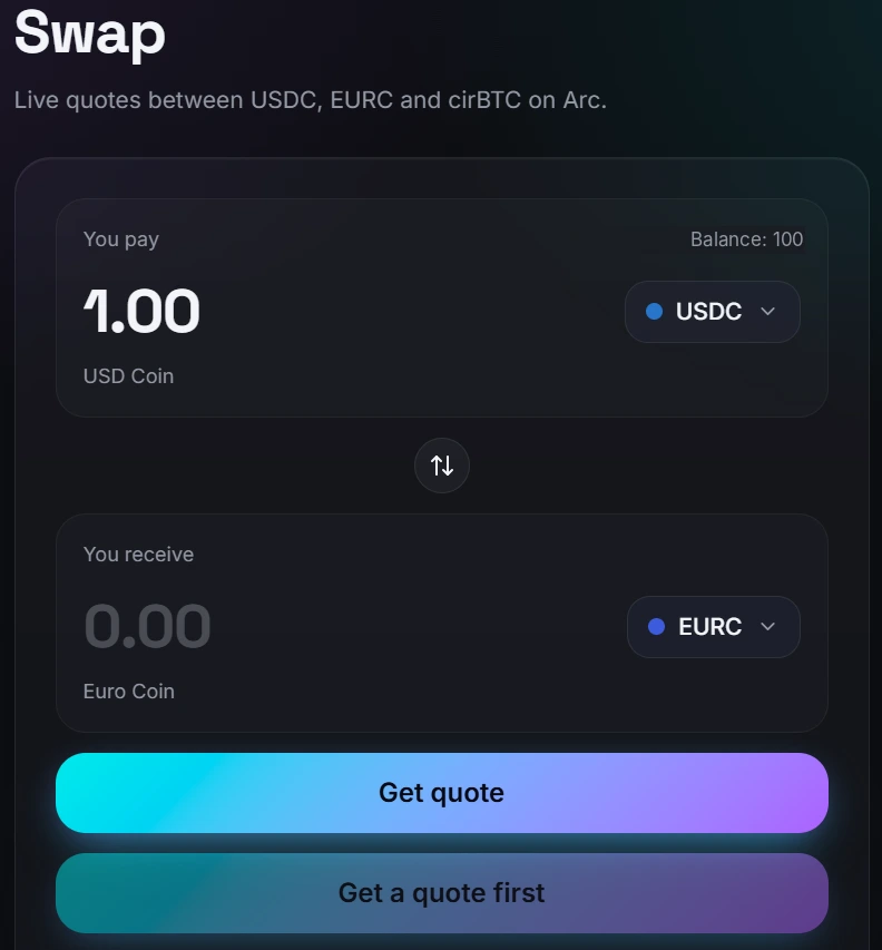 Actual InfinitePay Swap form before a quote, wallet figures omitted
